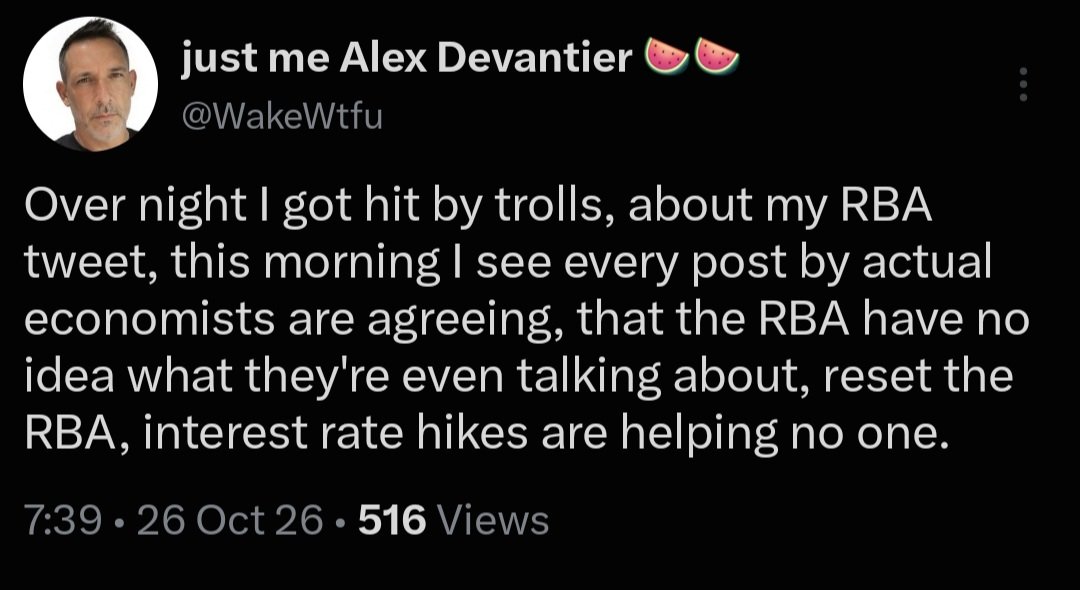cptcapt's tweet photo. You didn't get "hit by trolls" @wakewtfu people were asking you "why", your tweet has no substance no explanation as to why this is your opinion. 

Why is the RBA useless?
What are they saying in their minutes after their decisions that are wrong? 

You make a blanket statement and now claim the experts agree with you 😄 🤣 😂.