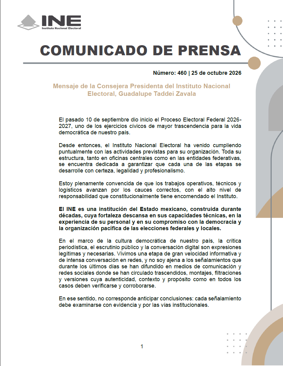 INEMexico's tweet photo. #BoletínINE 📄 |  Mensaje de la Consejera Presidenta del Instituto Nacional Electoral, Guadalupe Taddei Zavala.

👇 Los detalles de la información en el enlace.

🔗 https://t.co/KZDmM4qKfV https://t.co/syPTgTYKPn