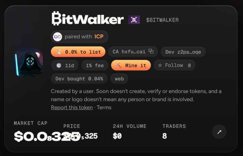 BitWalker_'s tweet photo. Looks like whoever launched a token using my X handle on @soonlaunchpad has made an absolute fortune. 😂

11 days later, $0 trading volume and a market cap that practically requires a microscope to read.

I hope the creator hasn't spent all those profits in one place. 🤣 $ICP https://t.co/G5oOKkhY35