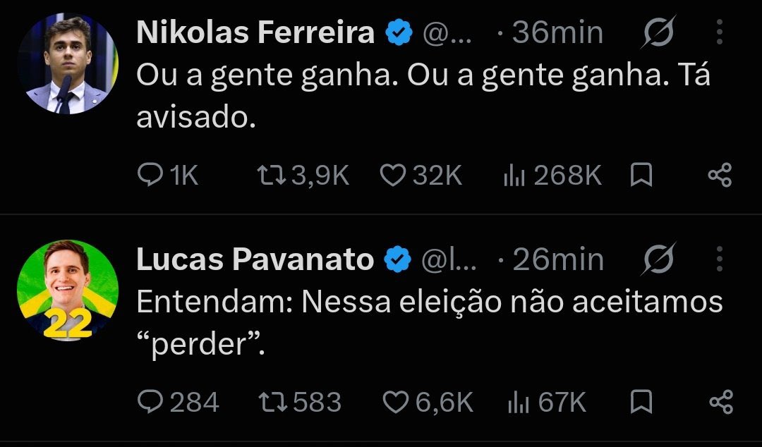 jjkclean's tweet photo. O Nikolas Ferreira e o Lucas pavanato assumindo que NÃO vão aceitar perder e de brinde ainda vão tentar liderar GOLPE de estado. Vocês tem noção disso???? https://t.co/n6lTDMfzeU