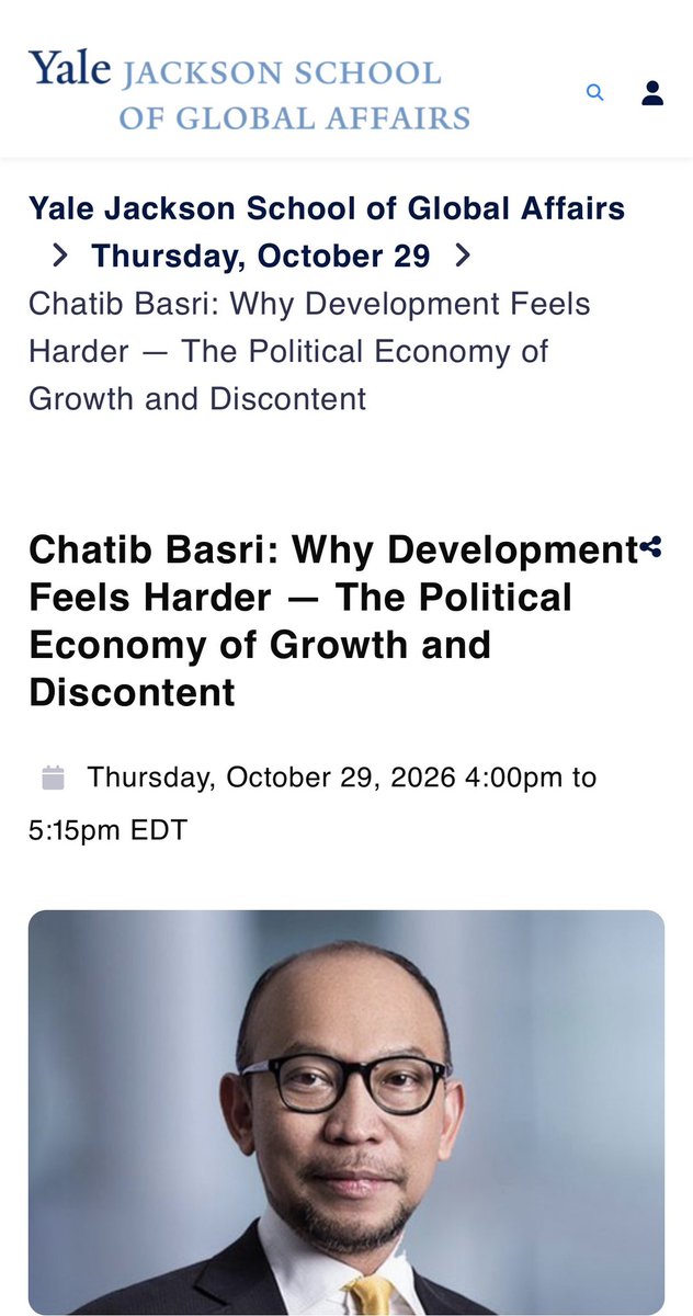 ChatibBasri's tweet photo. Why does development feel harder despite economic growth? Looking forward to discussing growth, politics, and discontent at Yale Jackson School of Global Affairs on October 29, 4 PM.

If you’re around Yale University, please join us!
https://t.co/PhwKJksucx https://t.co/1i57srQt3Z