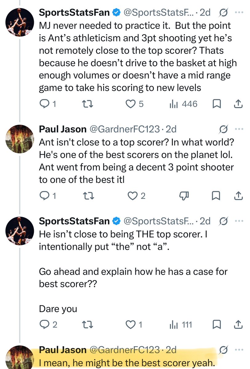 SportsStatsFan's tweet photo. So he’s not a top 6 scorer because his efficiency… which you’re retarded ass didn’t bring up efficiency 

You literally said Ant might be the best scorer . Literally how this convo went into you being a lying asshole and you did it again

You also disingenuously said I stated ant wasn’t close to a top scorer when I said he wasn’t close to being THE top scorer…which you then responded by saying he was possibly the best scorer. And now saying you never said it