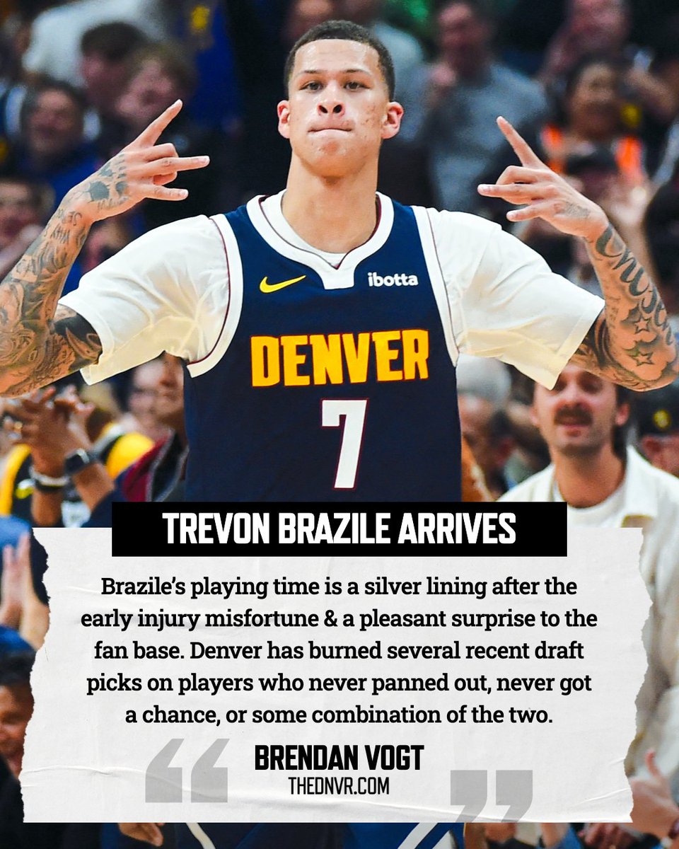 DNVR_Nuggets's tweet photo. Trevon Brazile looked like an NBA prospect at Arkansas, but questions about his motor caused him to slip in the draft.

In the Nuggets home opener his motor wasn't a problem.

It was Denver's solution.

More on the tantalizing rookie.

✍ @BrendanVogt 
🔗 https://t.co/fGb7HuOvKc https://t.co/XQ91kj139U