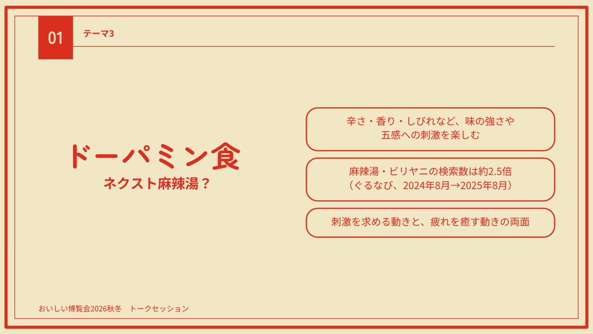 atsumi_maiko's tweet photo. このセッションで以下の注目キーワードを発表しました。
① ネオ自炊
② 定番リバイバル
③ ドーパミン食
④ ガチ⚪︎⚪︎

簡単なキーワード解説は元投稿のURLから☝️
あともう少ししたら解説記事を書こうかなとも思います！ https://t.co/1evkQXy32u