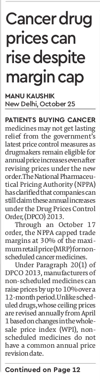 AashishAuti's tweet photo. Cancer drug prices may not stay low. NPPA capped trade margins at 30% of MRP on 137 non-scheduled anti-cancer drugs, cutting MRPs by up to 70% (~₹2,500 crore in annual savings). But makers can still raise prices up to 10% a year. 💊 #CancerCare #DrugPricing https://t.co/btGJ3hiGUK