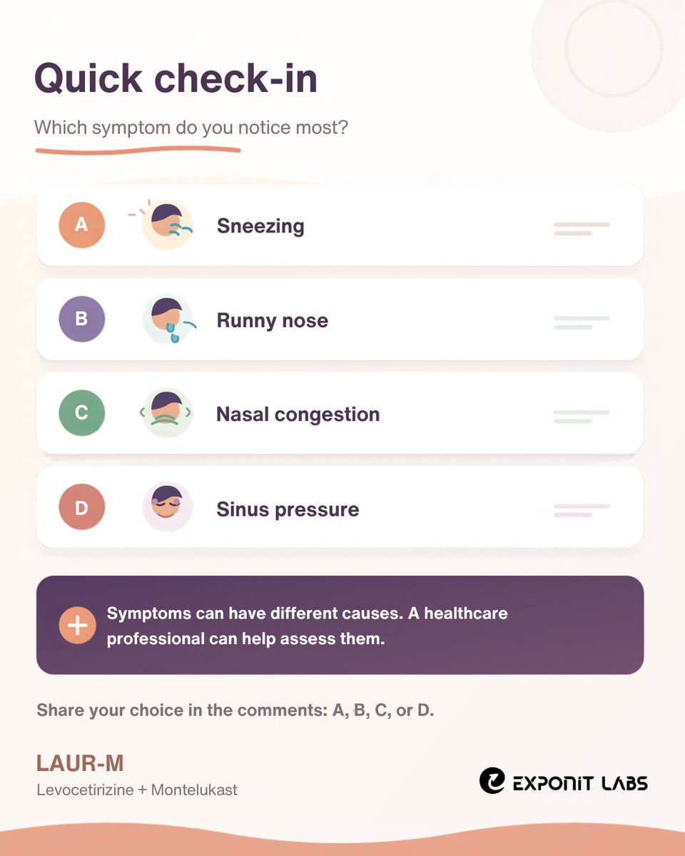 arshad_multani_'s tweet photo. Quick check-in! Which symptom bothers you most?
A) Sneezing
B) Runny nose
C) Nasal congestion
D) Sinus pressure
Drop your letter below: A, B, C, or D! π
#QuickCheckIn #AllergyPoll #NasalHealth #LaurM #ExponitLabs https://t.co/gKoqo3iLII
