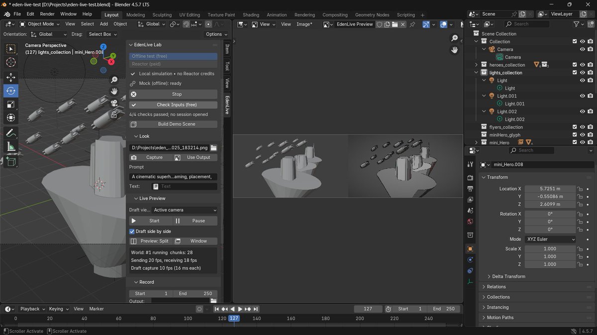 pixelrhythms's tweet photo. First test with @willemhelmet 's Reactor EdenLive Blender integration.

Still early, but really fun seeing the scene come to life. https://t.co/6qOZKeXgOK