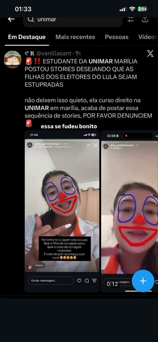 7i88uk's tweet photo. ‼️‼️‼️‼️‼️DENUNCIA‼️‼️‼️‼️estudante DA UNIMAR MARILIA GABRIELE
BIANQUE postou um video no story desejando O ESTUPRO DA FILHA de quem votou no pt 

cachorra racista e homofóbica

QUEM É DAQUI DO JANIO E ESTUDOU C VC SABE ONDE VC MORA SUA DEMONIA https://t.co/PqTPNaTawl