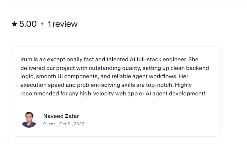 IrumNavid's tweet photo. 5.0★ on Contra! ⚡

"Exceptionally fast and talented AI full-stack engineer... Her execution speed and problem-solving skills are top-notch." — Naveed Zafar

🔗 https://t.co/5X4DDDmizP

#buildinpublic #AIEngineering https://t.co/DN3yZMoTzm