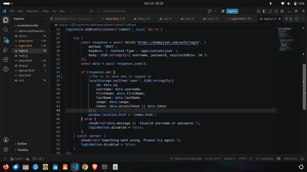 phil_builds's tweet photo. Day 109 of @blockfuselabs 200 Days of Code. I continued building my e-commerce task. Today I added more functionalities. I implemented fetch for the login, and the category filtering. 91 days to go.π¨#buildinpublic #tailwind #webdevelopment #200daysofcode #day109 https://t.co/QxI5EMWSev
