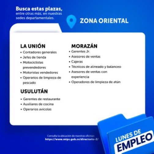 STAMSS_'s tweet photo. Ministro de Trabajo, @RolandoCastroSv: “El día de mañana será nuestro Lunes de Empleo.

Y estas serán parte de las oportunidades laborales en nuestras oficinas departamentales.

Si necesitas un trabajo, Lunes de Empleo es tu oportunidad 👇” https://t.co/YB1ZRVszUo