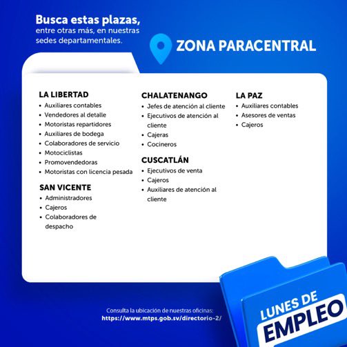STAMSS_'s tweet photo. Ministro de Trabajo, @RolandoCastroSv: “El día de mañana será nuestro Lunes de Empleo.

Y estas serán parte de las oportunidades laborales en nuestras oficinas departamentales.

Si necesitas un trabajo, Lunes de Empleo es tu oportunidad 👇” https://t.co/YB1ZRVszUo