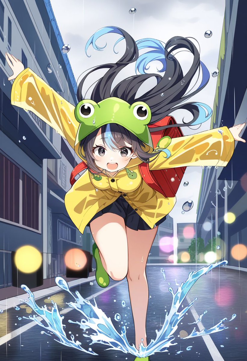 yushi_currents's tweet photo. Full of energy! 🐸☔
Dressed in a cute frog raincoat,
with a bright red school backpack,
she dashes at full speed, even on a rainy day! 🏃‍♀️💨

Rain can’t stop her!
An innocent girl full of energy and joy. ✨
🎨 AI ART
#AIArt #FullOfEnergy #RainyDay #FrogRaincoat #RedSchoolBag https://t.co/8BzDSoUudn