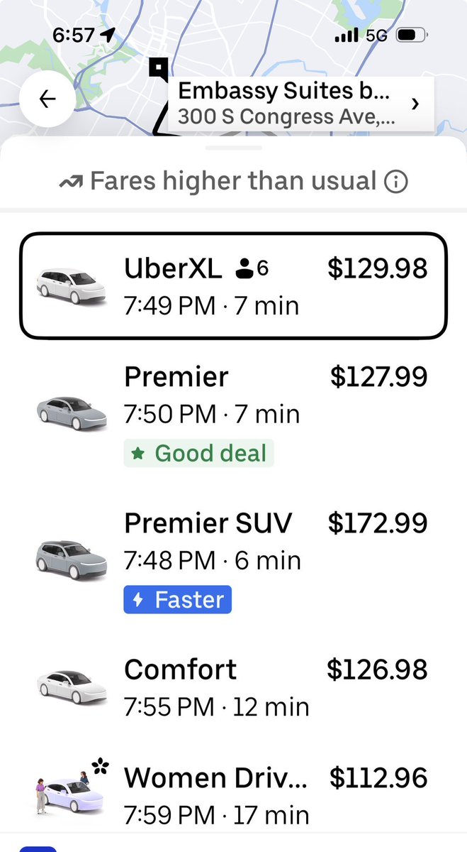 RobotaxiRadar's tweet photo. Austin Robotaxi vs. Uber. F1 race day exodus, COTA to downtown:

🚕 Cybercab - $76.07 - ~40 min wait ⏱️ 🚕 Model Y - $78.33 - 4 min wait ⏱️ 🚙 Uber Comfort - $126.98 - 12 min wait ⏱️ 🚙 Uber Premier - $127.99 - 7 min wait ⏱️
 🔴 Every Uber tier on the screen runs $112.96 to $172.99. That Premier SUV is the highest Uber fare in my entire log. Good for Robotaxi, bad for Uber.
 🟢 Model Y is $48 under Uber Comfort and still arrives at 7:52pm. Quicker and cheaper 
Everyone leaving a Grand Prix at once, and Robotaxi was the cheapest ride out 🚕

Cern’s cost per mile assessment (Robotaxi: ~$4 per mile vs Uber: ~$6 per mile) shows what Robotaxi can do as supply increases in a Robotaxi geofence ✍️