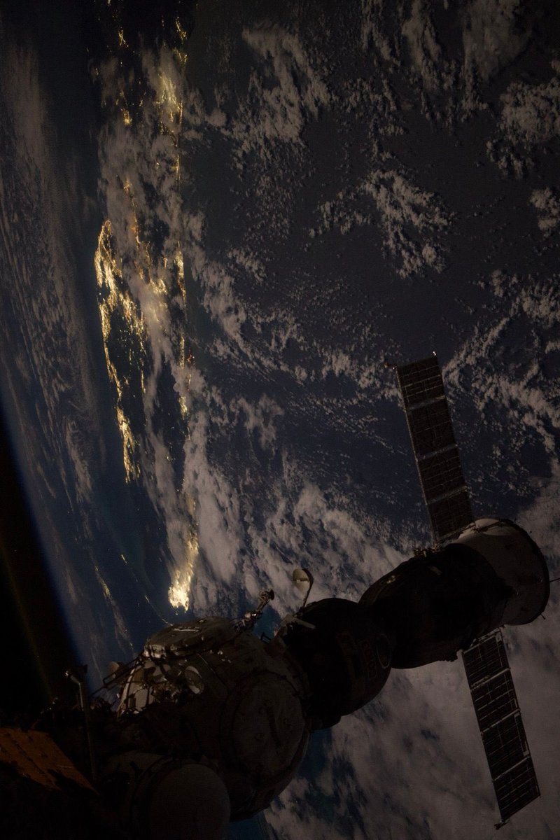 _MaxQ_'s tweet photo. ICYMI: the International Space Station was seen crossing in front of the Moon earlier this morning from Florida’s Space Coast (left image, taken by me).

@astro_anil was also looking down from the station around the same time and caught the Florida peninsula lit by the near-full moon (right image).
