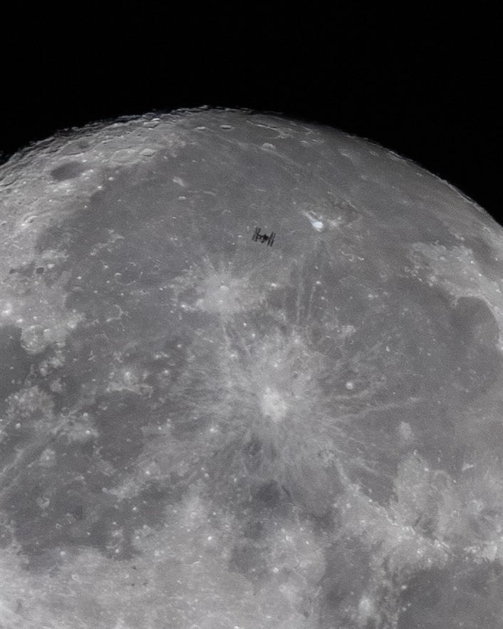 _MaxQ_'s tweet photo. ICYMI: the International Space Station was seen crossing in front of the Moon earlier this morning from Florida’s Space Coast (left image, taken by me).

@astro_anil was also looking down from the station around the same time and caught the Florida peninsula lit by the near-full moon (right image).