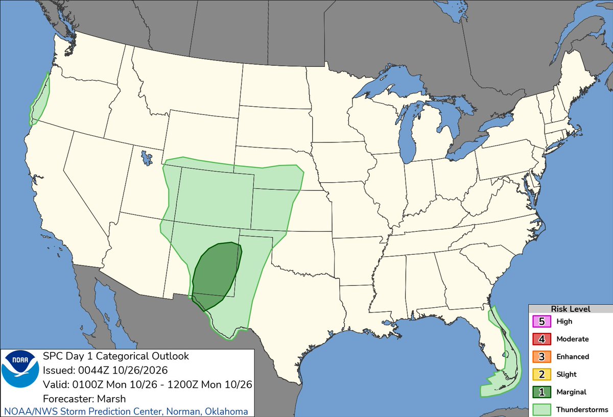 NWSSPC's tweet photo. 7:46pm CDT #SPC Day1 Outlook Marginal Risk: across portions of eastern New Mexico and Far West Texas https://t.co/TgJgC6cj9Y https://t.co/2nFroA3kTX
