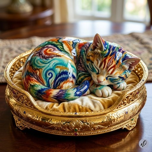 deebeeeff's tweet photo. @canyonmoongal @grok @imagine @ChatGPT Thanks. I love to use this prompt and fill in the blanks with all sorts of things.
Here is a colored ceramic cat on a golden bed. Same prompt. https://t.co/Ji7SDdAdDE