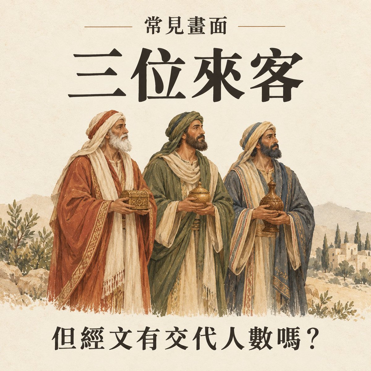 thebtlines's tweet photo. 東方博士，一定是三位嗎？

很多熟悉的畫面裡，是三位來客，各自捧著禮物。

但《馬太福音》第二章沒有交代他們究竟有幾人。

2:11 列出的，是黃金、乳香、沒藥——三樣禮物，不是三個人的名單。

把每樣禮物分給一位來客，畫面就有了清楚的安排；經文本身卻沒有說，每人只帶一樣。

所以，「經文沒有說三位」，不等於「一定不是三位」。我們能確定的，是禮物被列了出來，人數沒有。

再看第一張圖：你記得的「三」，來自人物，還是禮物？

《馬太福音》2:1–12
https://t.co/euFpxFZRDc