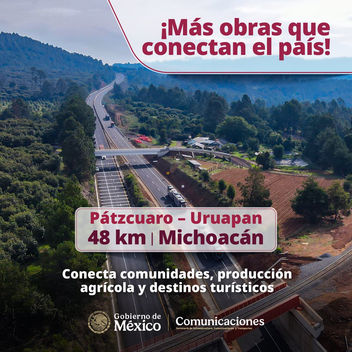 SICTmx's tweet photo. El @GobiernoMx moderniza la carretera Pátzcuaro-Uruapan en beneficio de la región purépecha. La ampliación de 47 km mejorará la conectividad en el corredor turístico y comercial de la entidad.
¡Con más y mejores caminos, trabajamos juntos por el bienestar de las y 
los michoacanos!
