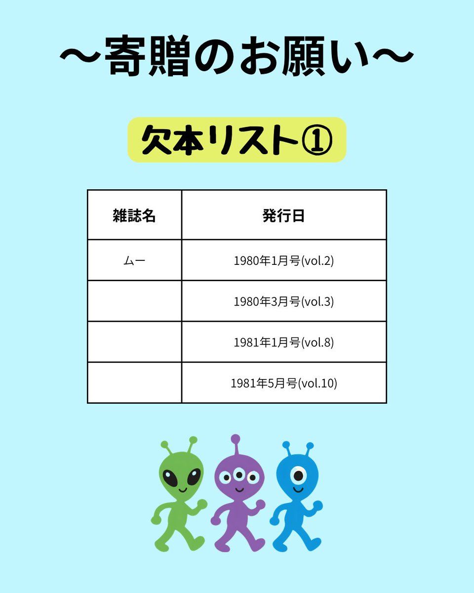 OyaBunko's tweet photo. 【寄贈のお願い】大宅壮一文庫では12月から雑誌読み放題企画展『ムーを読ム。』を開催いたします。この機会に一部欠本のある『ムー』と『UFOと宇宙』をご寄贈していただける方を探しております。詳しくは当館ホームページをご覧ください。
ご協力よろしくお願いいたしします！
https://t.co/33xAARx2mF https://t.co/Q0cjB4Oyaq