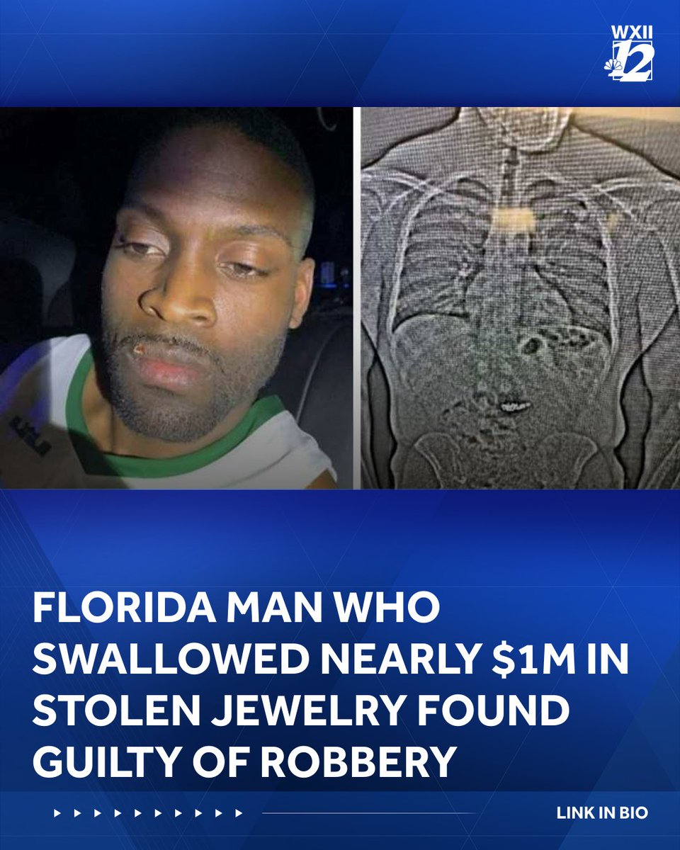 WXII's tweet photo. Florida man who swallowed nearly $1M in stolen jewelry found guilty of robbery | LINK IN BIO https://t.co/ntgaJKsMqr