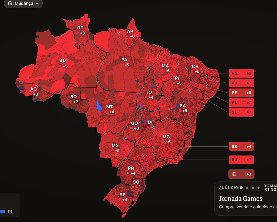 ElTrumpista's tweet photo. En rojo las ciudades donde Lula mejora su elección respecto a la 1V y en azul Bolsonaro.

Prácticamente todas las ciudades de Brasil en Rojo.

O Flavio hizo la peor campaña de la historia brasileña o hay algo raro. https://t.co/CndSllUj5c