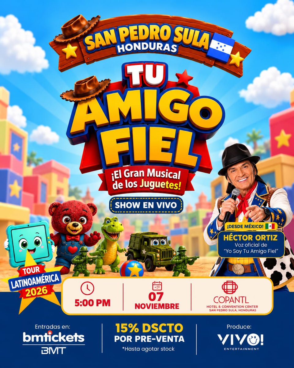 enter504's tweet photo. #Espectaculos ¡San Pedro Sula se prepara para vivir la magia de “¡Tu Amigo Fiel”, el gran musical de los juguetes!
👉 https://t.co/okzJX88vnU
#MusicalDeLosJuguetes #TuAmigoFiel #SanPedroSula #Juguetes #Familia #Honduras https://t.co/8wSMrlb1yS