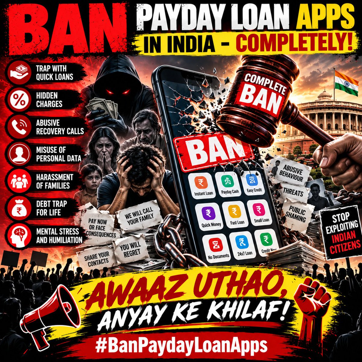 SachKaSignal's tweet photo. 🔥 INDIA DOES NOT NEED ANOTHER PAYDAY LOAN APP. INDIA NEEDS A BAN!

Stop normalising a business model that deserves serious public scrutiny. Quick money on a screen is not the full story—citizens must also consider the cost, the repayment pressure and the risks that can follow.

We refuse to let the expansion of payday loan apps become more important than the financial security of ordinary Indians.

GOVERNMENT OF INDIA. RBI. THIS IS A PUBLIC DEMAND—NOT A MARKETING SLOGAN.

Do not answer this campaign with another temporary assurance. Take a clear position on whether payday loan apps should continue operating in India.

🇮🇳 OUR DEMAND IS UNMISTAKABLE: A COMPLETE BAN ON PAYDAY LOAN APPS IN INDIA. NO HALF-MEASURES.

If you stand with this demand, repost it and bring more people into the campaign. Let the call for a complete ban become impossible to overlook.

✊ Awaaz Uthao, Anyay Ke Khilaf!

#BanPaydayLoanApps

@RBI @RBIsays @FinMinIndia @PMOIndia @narendramodi @nsitharaman @GoI_MeitY @jagograhakjago @Cyberdost @MIB_India @DoT_India @aajtak @ndtvindia @IndiaToday @ANI @timesofindia @IndianExpress @the_hindu @EconomicTimes @RituChoudhryINC @aarushisharmaX @khushbookhan390 @shubhankrmishra @abhisar_sharma @ravish_journo @SyyedSuhail @DeepikaBhardwaj @romanaisarkhan @dhruv_rathee @GargiRawat @ishripalgandhi