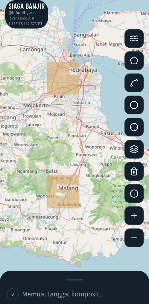 infomitigasi's tweet photo. Berikut kami sampaikan wilayah yang mempunyai kemungkinan untuk terjadinya #BanjirBandang berdasarkan data pengamatan satelit update hari ini Senin, 26/10/2026 pukul 08:00 WIB Layer coklat dengan alert "Mungkin" terjadi. Dan layer warna merah dengan alert "Sangat Mungkin" terjadi.
Kami berharap data ini untuk menanbah kewaspadaan dan kesiapsiagaan masyarakat🙏

WILAYAH PULAU JAWA