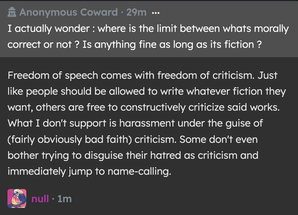 null_bis's tweet photo. I actually wonder : where is the limit between whats morally correct or not ? Is anything fine as long as its fiction ? — Freedom of speech comes with freedom of criticism. Just like people should be allowed to write whatever fiction they want, o… https://t.co/zgRWQryIMb https://t.co/Cpn5rIyEMH