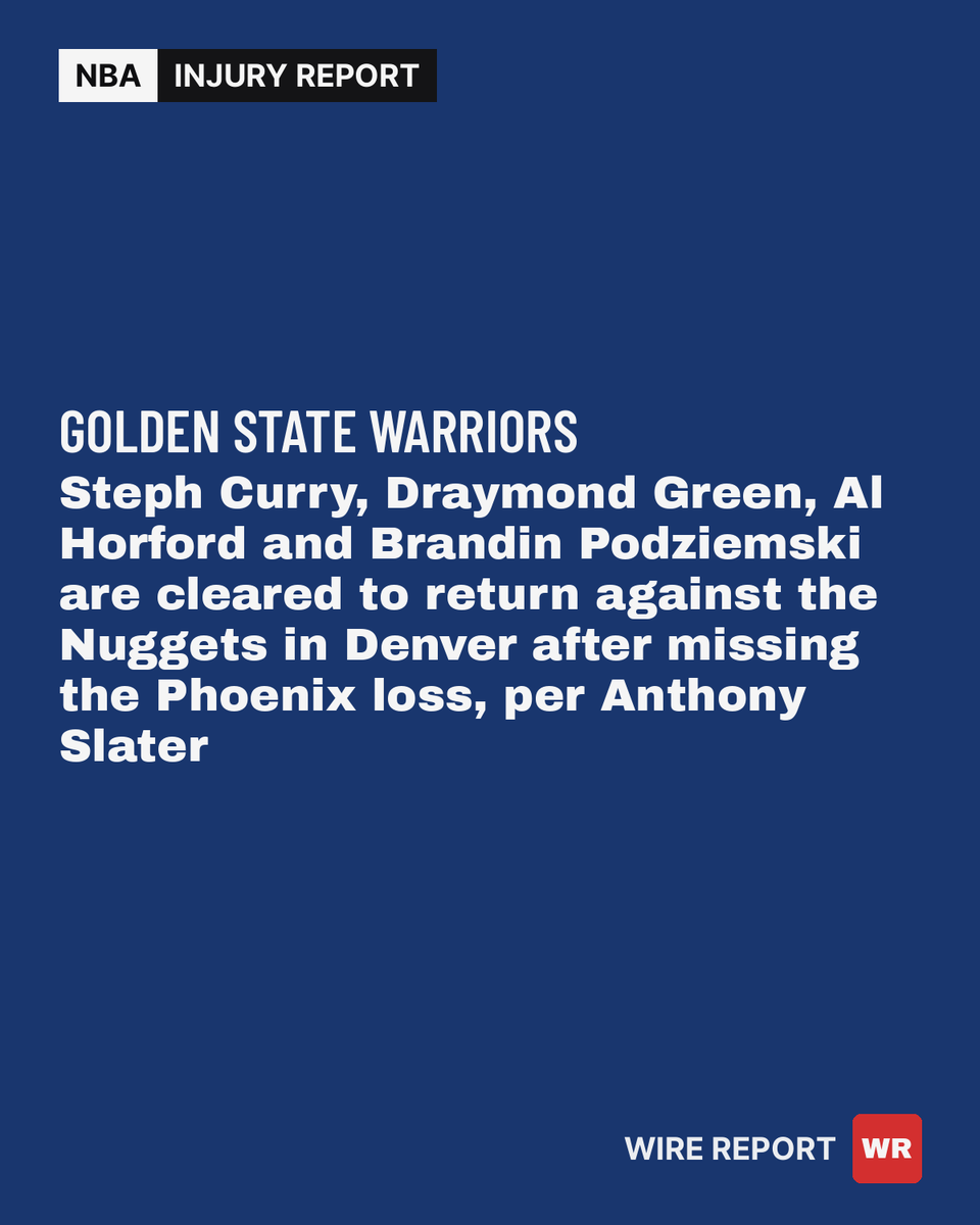 WireReportNBA's tweet photo. Warriors clear Curry, Green, Horford and Podziemski for Denver game. Gui Santos is questionable with left knee soreness. https://t.co/8Qi76Mh4wQ