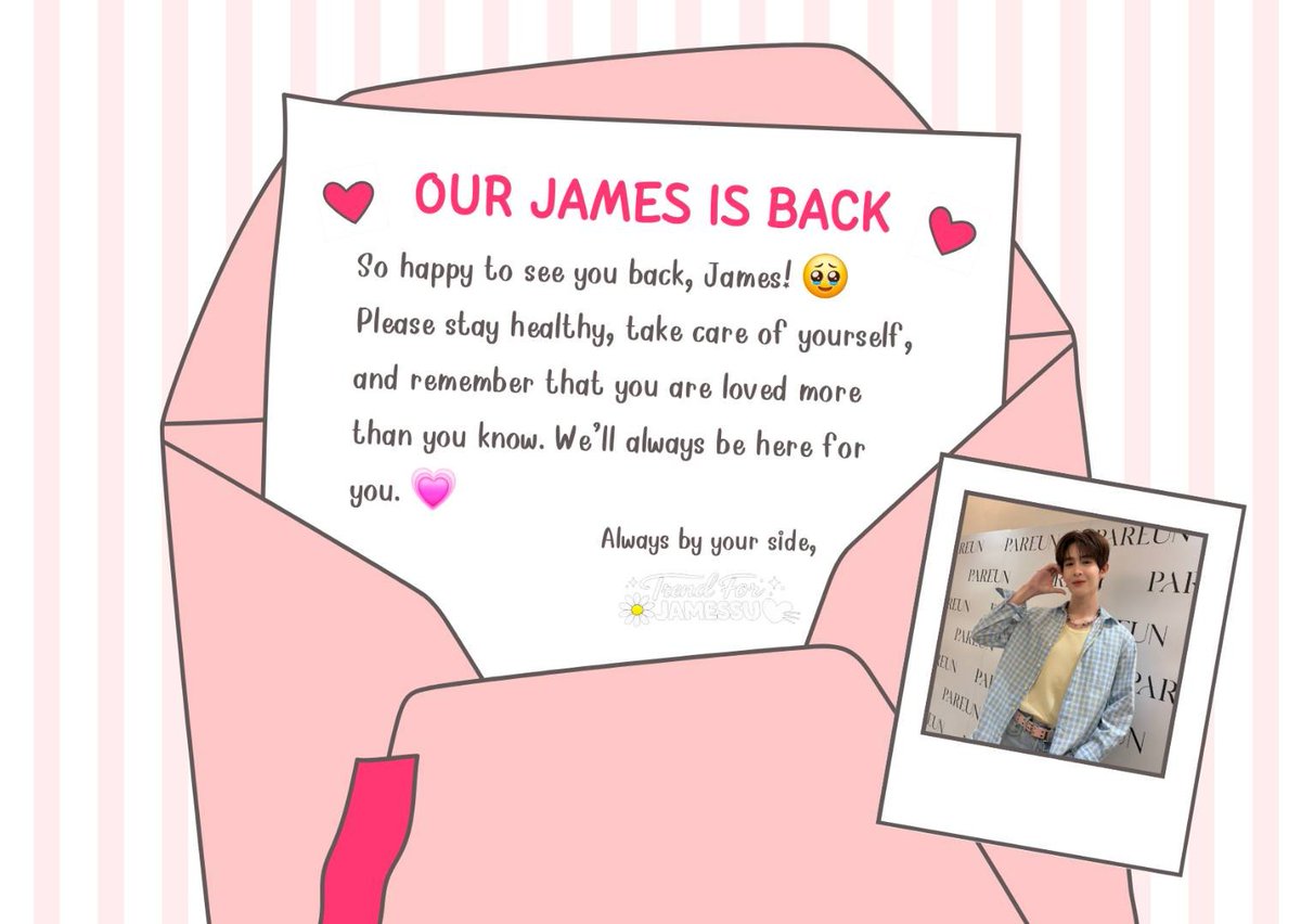 TrendJames_Su's tweet photo. OUR JAMES IS BACK
#WelcomeBackJamesSu
ทางบ้านจัดทำเทมเพลตให้พี่ ๆ JSY ได้ร่วมส่งความรักและกำลังใจให้น้องเจมส์กันค่ะ สามารถนำไปใช้ได้ตามสะดวกเลยค่ะ 🫶🏻💖
We’ve prepared a template for JSY to share some love and support for James. Please feel free to use it! 💓 https://t.co/lT9C0aDl1K