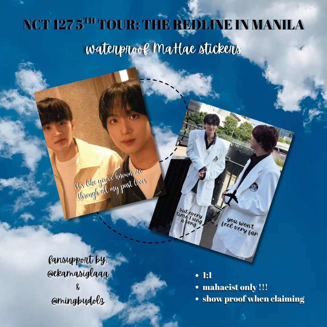mingbudolz's tweet photo. “I wanna be whenever you are.
Wanna get carried away.”

` Waterproof MaHae stickers — fansupport by @ekamasiglaaa &amp; @mingbudolz 🧿

• like &amp; rt
• loc: TBA
• see pic for more deets

#NCT127inMANILA2026 
#127ZerotoNeoMANILA 
#TheREDLINEinMANILA 
#TRLMJunction
#NCT127 https://t.co/ugdeqEv25N