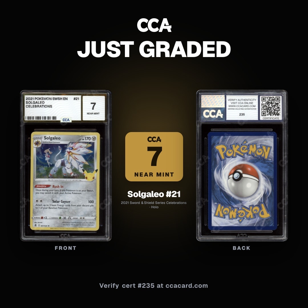 CCACertTracker's tweet photo. 2021 Pokemon Celebrations Solgaleo #21 Holo CCA 7 Near Mint
Subs: 10 / 6 / 8 / 9.5

Cert: https://t.co/LBbEgrmvOn
Start a submission: https://t.co/RZmjELVoQv

#Solgaleo #Celebrations #Pokemon #PokemonTCG #CCACard #PokemonCollection #PokemonCards #CardGrading #CardCollecting https://t.co/JEHRNHJq1m