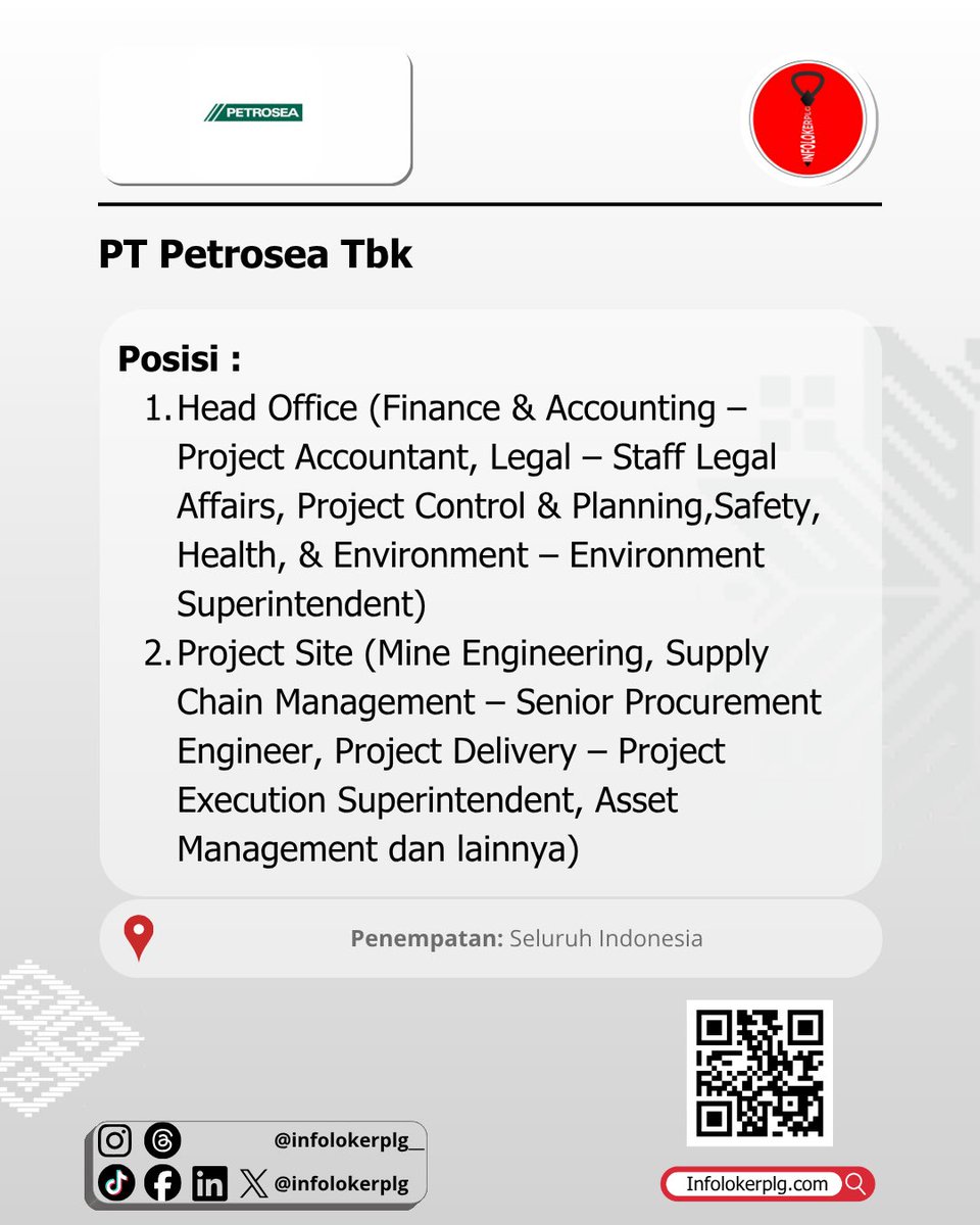 Infolokerplg's tweet photo. Lowongan Kerja PT Petrosea Tbk Oktober 2026

Penempatan: Seluruh Indonesia
Baca Selengkapnya👇
https://t.co/xaGJOpDqWb

Like, Komen &amp; Follow
@Infolokerplg 
@Infolokerplg 
@Infolokerplg 

⚠️ SETIAP PROSES REKRUTMENT 100% GRATIS!!
#Infolokerplg #lokernasional #petrosea https://t.co/x4twVeVhFr