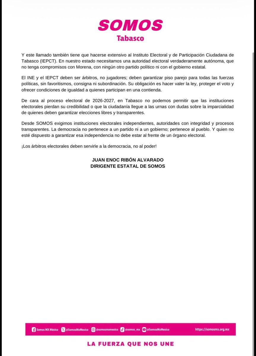 Somos_Tabasco's tweet photo. 🚨 ¡NO BASTA CON LA RENUNCIA, EXIGIMOS UN INE IMPARCIAL!
La renuncia de Guadalupe Taddei no debe cerrar los cuestionamientos sobre el #INE. Desde #SOMOS exigimos que se aclaren los señalamientos y que su sucesor garantice verdadera independencia. @SomosMxMexico
#SOMOS https://t.co/gVZH4BNe16