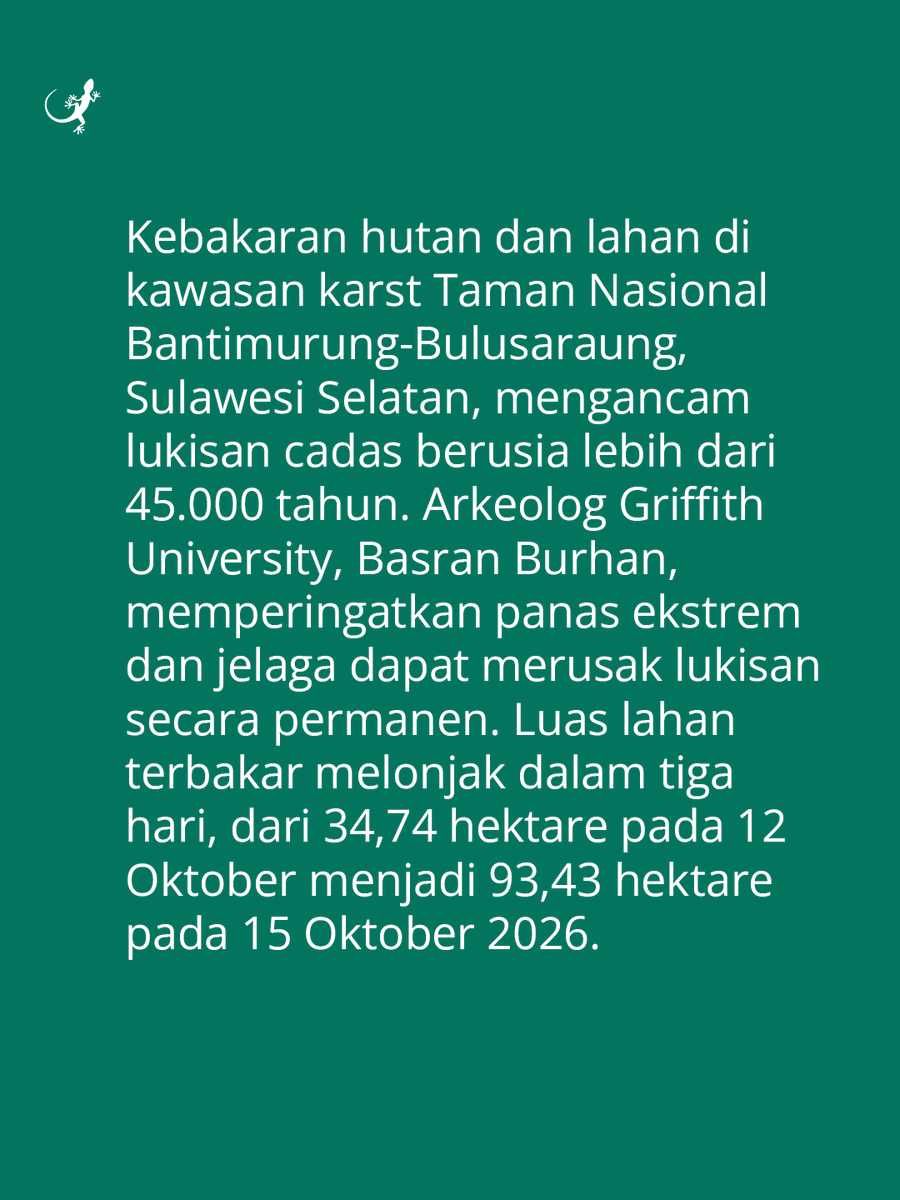 MongabayID's tweet photo. Kebakaran hutan dan lahan (karhutla) di kawasan karst Taman Nasional Bantimurung-Bulusaraung, Sulawesi Selatan, kian meluas. Luas lahan terbakar tercatat naik dari 34,74 hektare pada 12 Oktober 2026 menjadi 93,43 hektare pada 15 Oktober 2026. https://t.co/Uc6kRR7Vrx