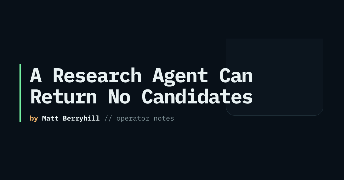 berryhill_dev's tweet photo. An empty research result needs a status:
No candidate survived review.
The evidence is incomplete.
The method failed its check.
Check the method before interpreting the empty list.
https://t.co/AEPPiOQr1J
#AIAgents #AgentEvals https://t.co/6VCReewGDc