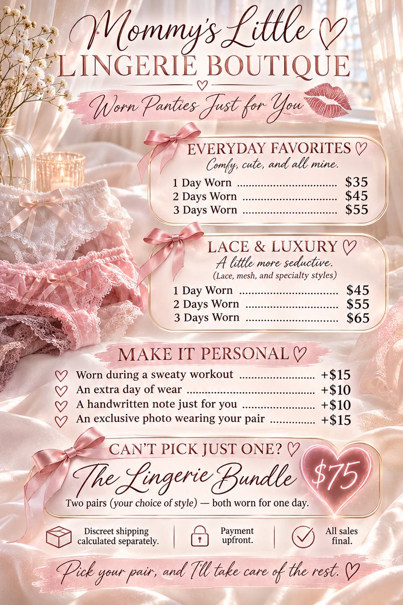 KayBayBay2026's tweet photo. Since apparently some of you want to shop in mommy’s closet… 🎀😘

I made it official. My little lingerie boutique is OPEN. 💋

Prices are posted, options are available, and serious inquiries are always welcome.

Come pick your favorite. 💕 https://t.co/6smPezahaX