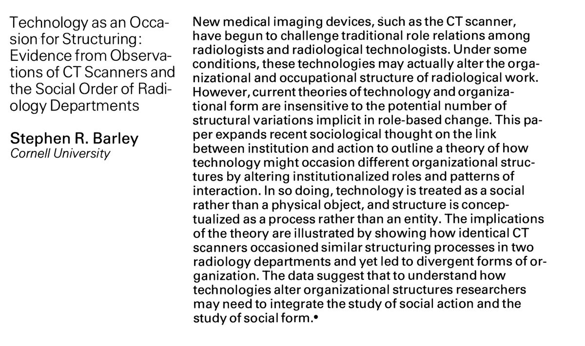 gim_simon47359's tweet photo. DAY 215
Barley, S. R. (1986). Technology as an occasion for structuring: Evidence from observations of CT scanners and the social order of radiology departments. Administrative science quarterly, 78-108. https://t.co/YUwc3MyaMN
