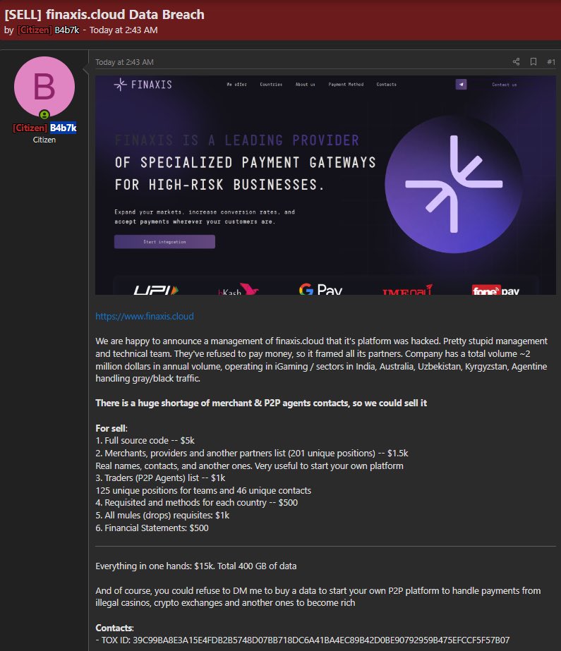 TheThreatWire's tweet photo. Payment Platform https://t.co/vd6PCUYLQq Allegedly Breached

Threat actor B4b7k claims to have compromised https://t.co/vd6PCUYLQq, a payment gateway provider, and obtained approximately 400GB of data. The actor is reportedly offering source code, merchant and partner information, P2P agent records, payment-method data and financial statements for sale after an alleged extortion attempt failed.

Organization: Finaxis
Sector: Financial Technology / Payment Processing
Threat Actor: B4b7k
Incident: Alleged Data Breach / Extortion / Data Sale
Status: Unverified Claim

#CyberSecurity #DataBreach #FinTech #PaymentSecurity #DataLeak #Extortion #ThreatIntel
