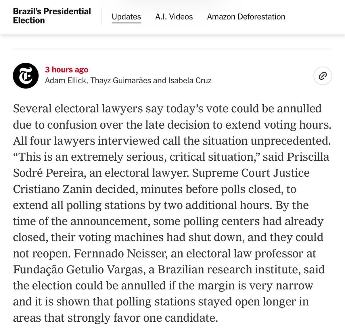 jimpfaff's tweet photo. Amazing the NYT is willing to admit this in print. The Brazil results are not legitimate and should be annulled after the TSE voted not to extend but Lula's lawyer who sits on the court extended them anyway.

The election was a scam played out for everyone to see. https://t.co/ASzIDf5FjB