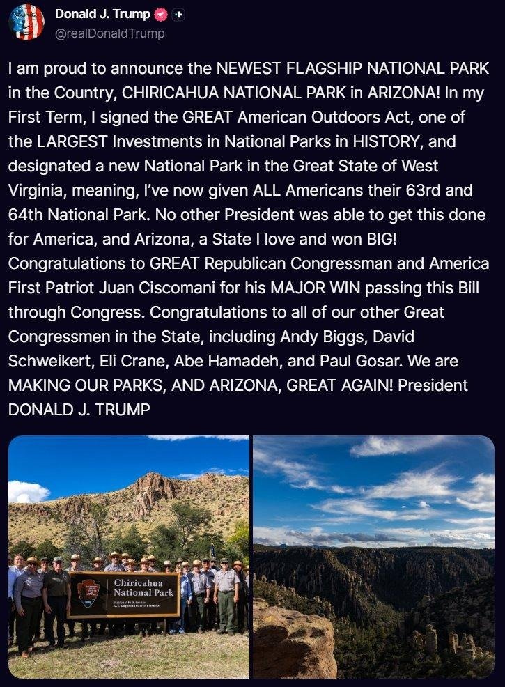 RepAbeHamadeh's tweet photo. Arizona just gained a new national treasure. 🌵

Chiricahua’s towering rock spires and sky-island forests are now protected as our state’s 4th national park, and the nation’s 64th. This is a win for conservation and for every American who wants to experience one of the most unique landscapes in the country. 

Congressman Hamadeh was proud to help protect this wonderland of rocks for generations to come. 

Thank you, President Trump and @RepCiscomani!
