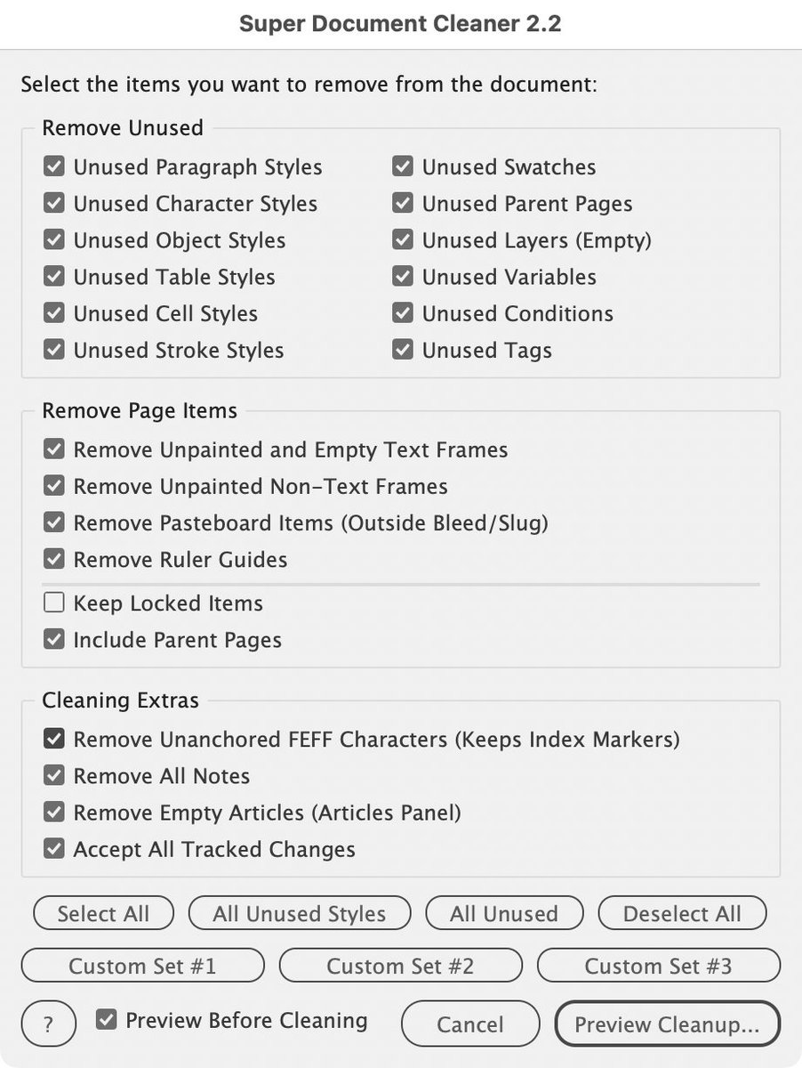 jctremblay's tweet photo. Super Document Cleaner Update...
Much faster, with style and swatch protection, configurable preset buttons and many new options!
- #InDesign
https://t.co/nLdjTMXCDB https://t.co/vm1m2XoHj9