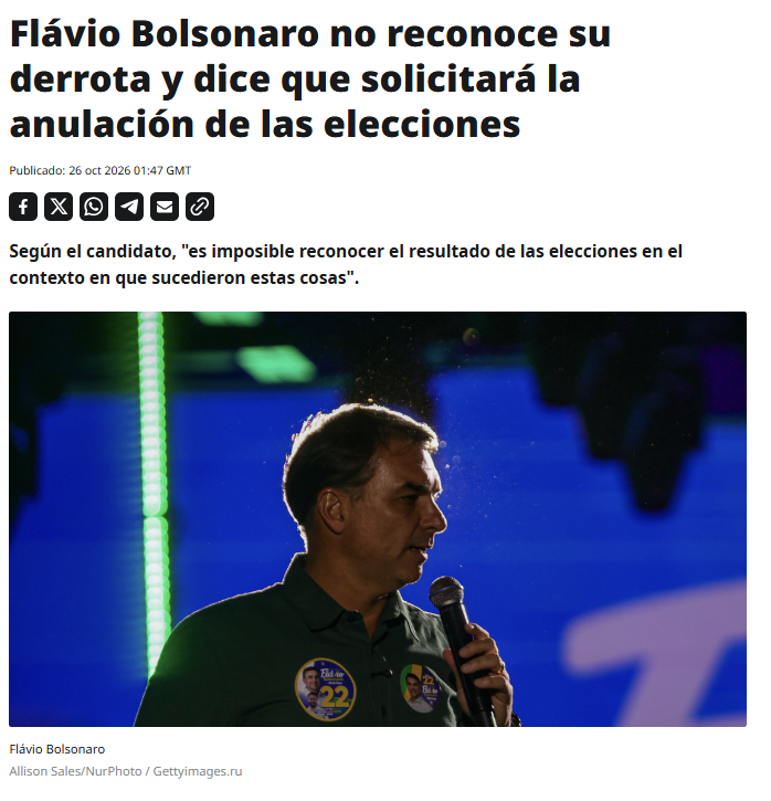ActualidadRT's tweet photo. ‼️🇧🇷 El ultraderechista Flávio Bolsonaro, del Partido Liberal (PL), anunció la noche de este 25 de octubre que solicitará la anulación de los comicios celebrados en la jornada, tras no reconocer que fue derrotado por Luiz Inácio Lula da Silva. https://t.co/kYBmeKGZsq