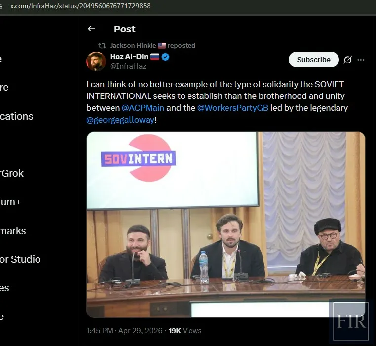 FulkIntelReport's tweet photo. Macgregor and ACP Co-Founder Jackson Hinkle. Plus SOVINTERN member George Galloway. Why would Joe Kent associate with Macgregor? https://t.co/D7MQq36Jo4