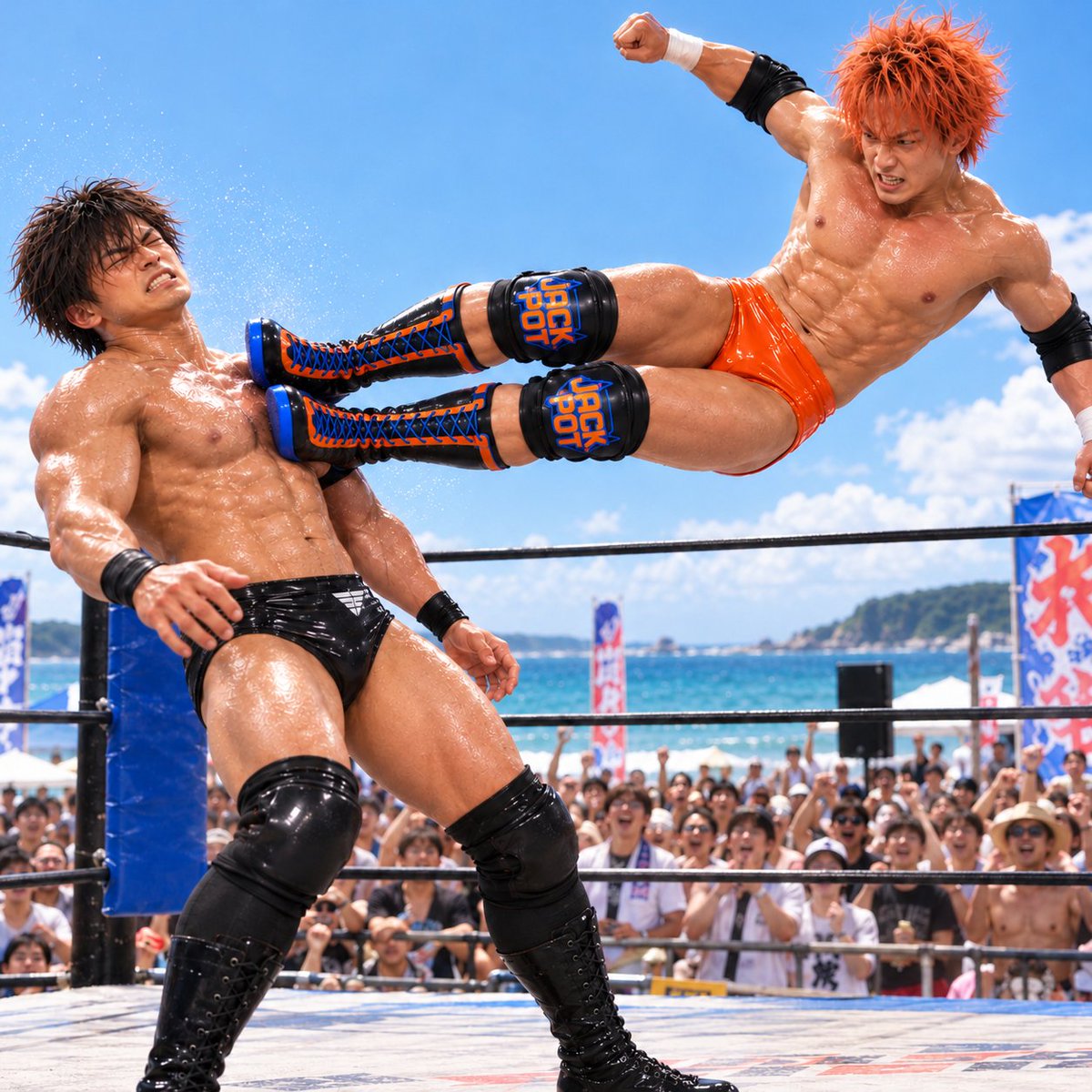 lafy_aipic's tweet photo. #AIプロレス部
#DARKSAVER
イス攻撃から立ち上がる海成。
睨み合いからの怒りのその場飛びドロップキック。

（二人共にだいぶ顔が変わっちゃってごめんなさい）

@DSector18
さんとのコラボ企画です。 https://t.co/3F8GXWNx0N