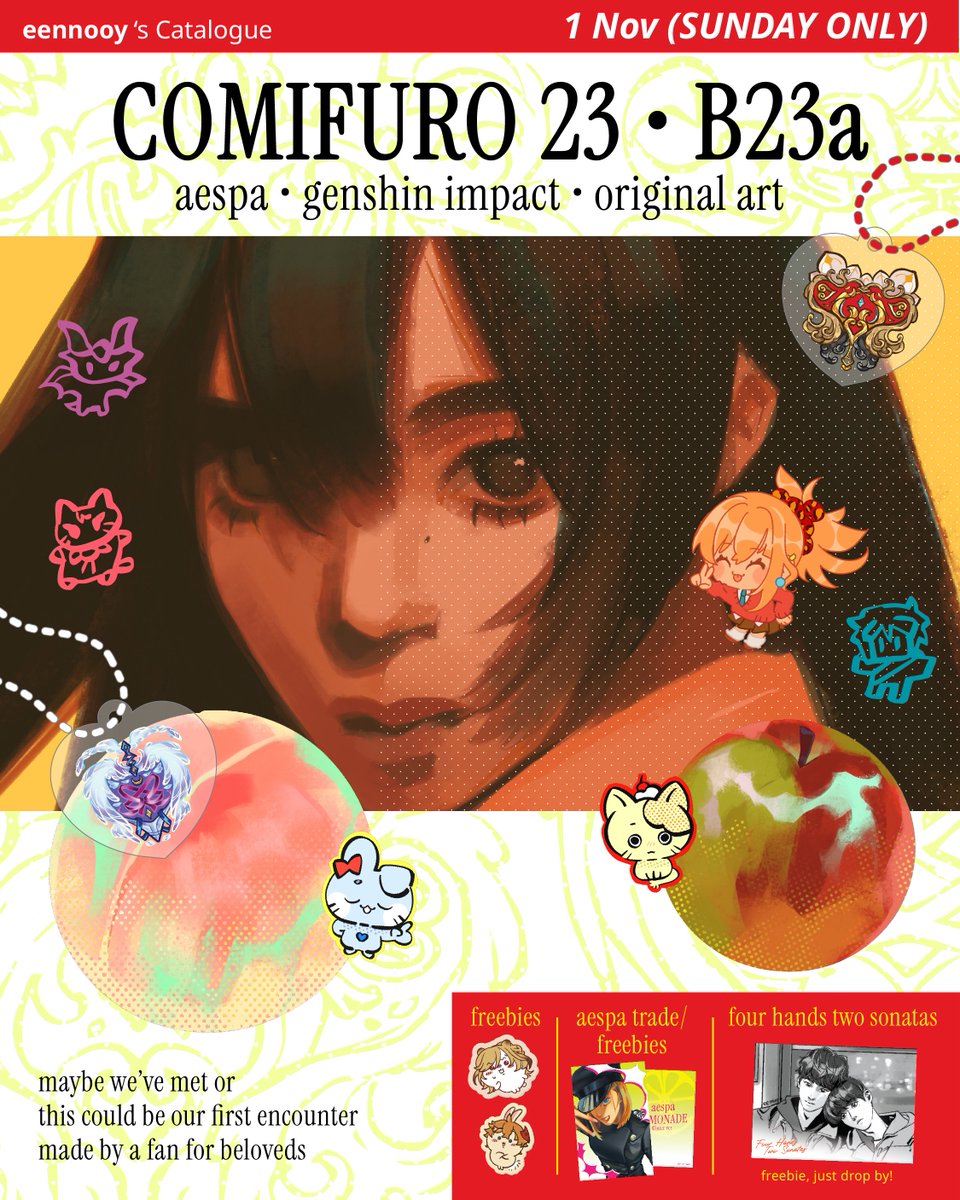 eennooy's tweet photo. [🩷 and 🔁 are appreciated]

My full #comifuro23catalog is here! 

📍B23ab on Sunday only (1 Nov) alongside @caffeiline_ 
✨aespa, genshin impact, originals sticker sheets
🍀open for merch trade &amp; freebies for four hands two sonatas (as shown) 

(1/2) https://t.co/vaad0bxqzs