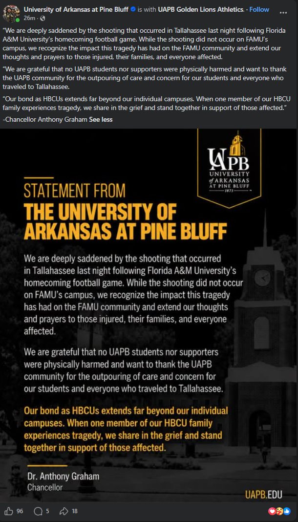 ZachBitango's tweet photo. #UPDATE: University of Arkansas at Pine Bluff (UAPB) has released a statement following the mass shooting near Florida A&M University (FAMU) in Tallahassee, Florida, during homecoming.

UAPB Chancellor Anthony Graham said the university is deeply saddened by the shooting and extended thoughts and prayers to those injured, their families, and everyone affected.

The university confirmed that no UAPB students or supporters were physically harmed.

Graham also emphasized the bond between Historically Black Colleges and Universities (HBCUs), saying the community stands together when one member experiences tragedy.

The shooting occurred just off campus following FAMU’s homecoming football game. At least 12 people were injured, including 11 who were struck by gunfire.

6 still hospitalized

1 of those remaining in critical condition

There is no person of interest at this time.